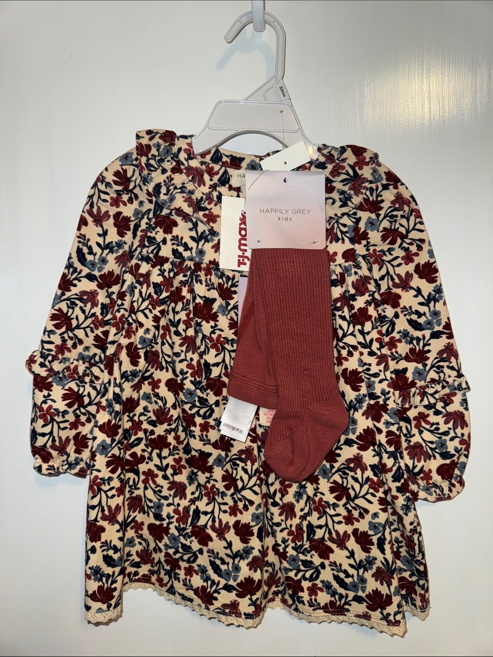Happily Grey Kids Floral Dress with Rust Tights